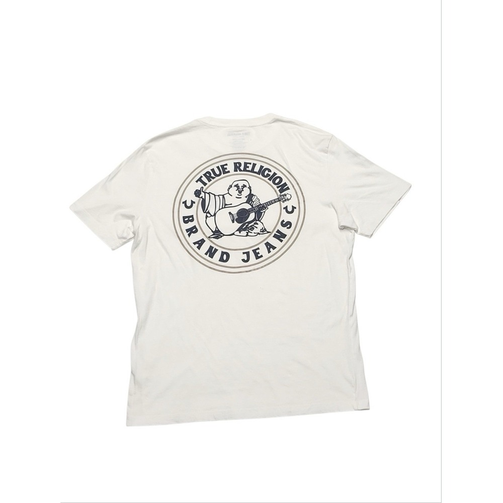 True Religion Men's Cotton T-shirt Sz M White Black Happy Buddha Logo Horseshoe